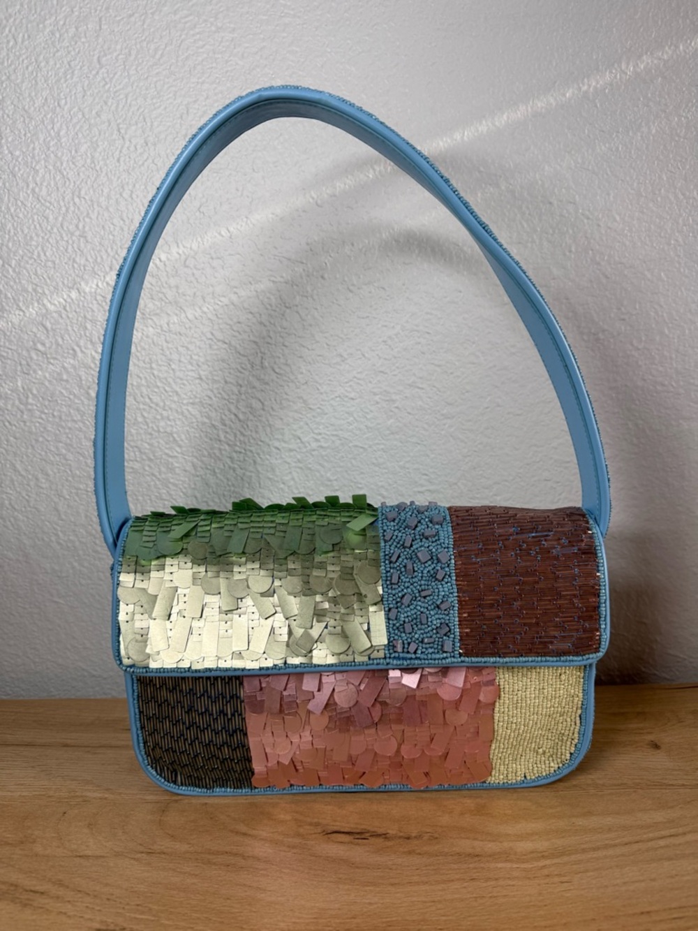 STAUD Tommy Beaded Shoulder Bag in the Patchwork Sherbet colorway